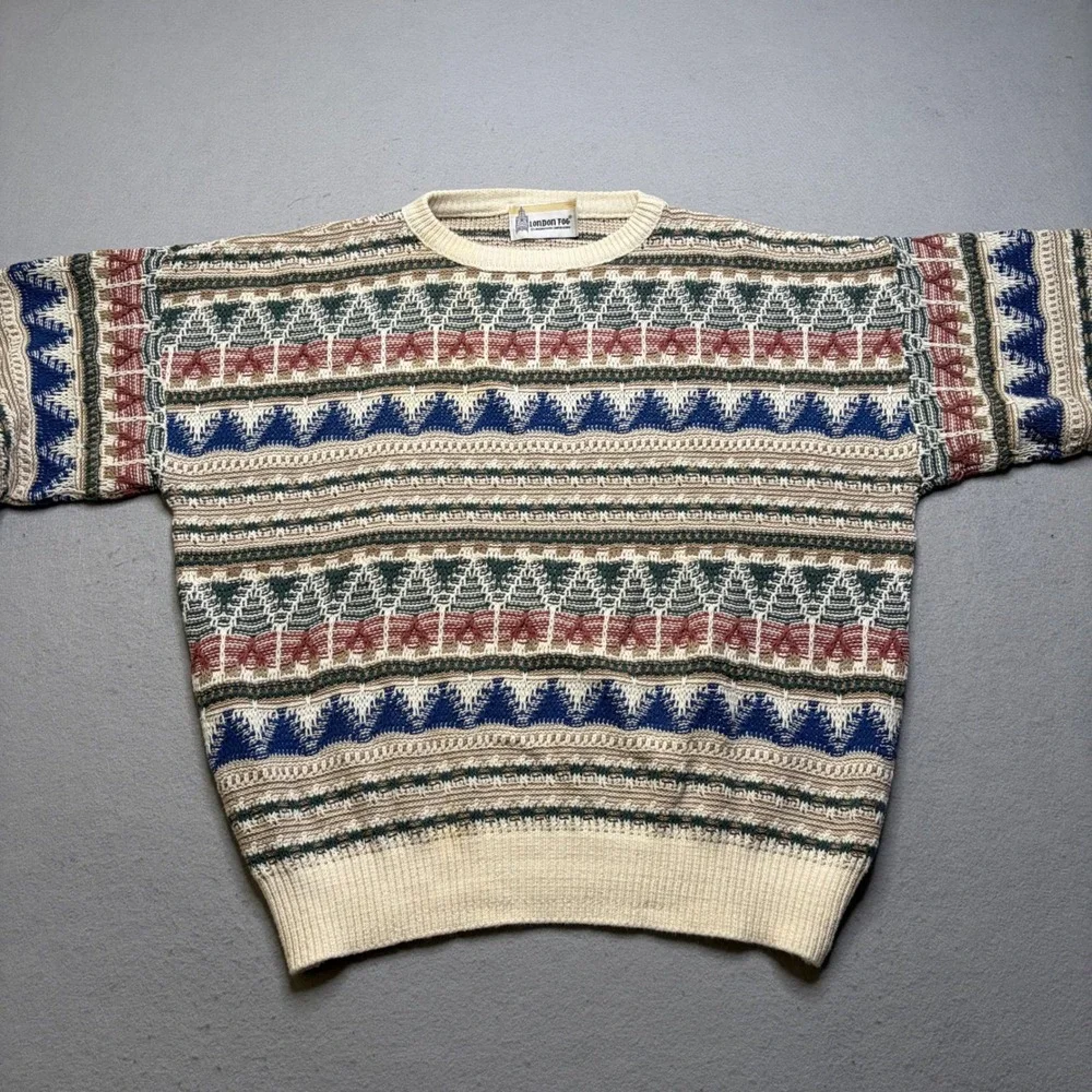 London Fog Sweater Mens XL Multi Fair Isle Geometric Knit Crewneck Vintage